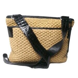 Vintage Brighton Alec Straw Shoulder Bag Crossbody Purse Croco  Leather Trim